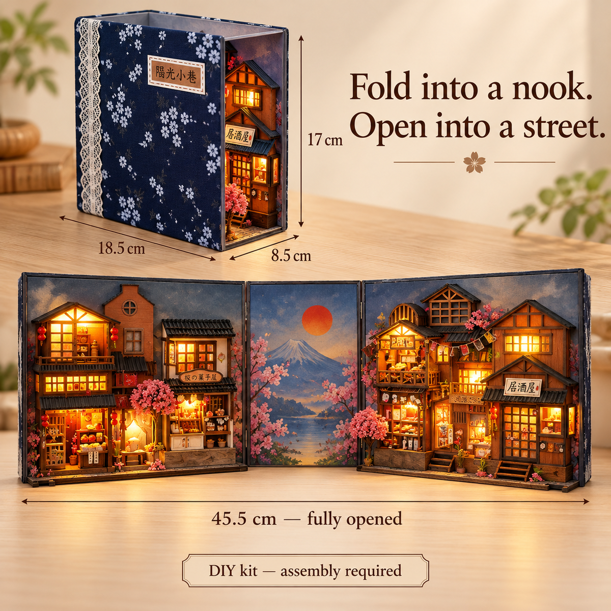 DIY Folding Book Nook Kit with Lights — Chinese Food Street / Japanese Sakura Street