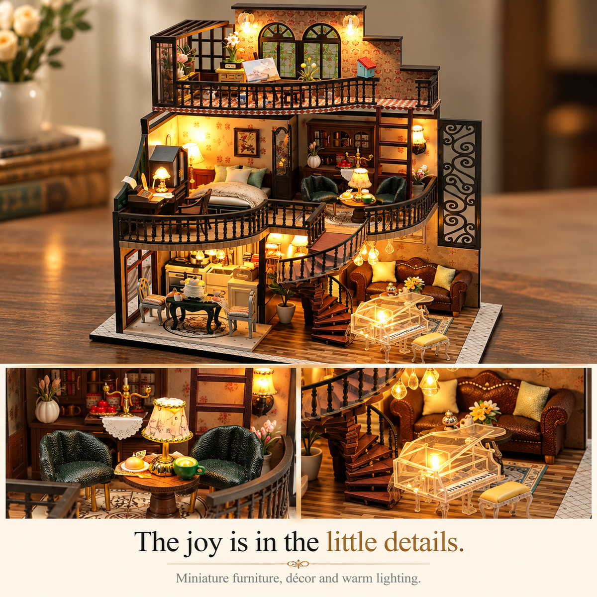 Vintage Manor DIY Miniature House Kit — Furniture & Warm Lighting