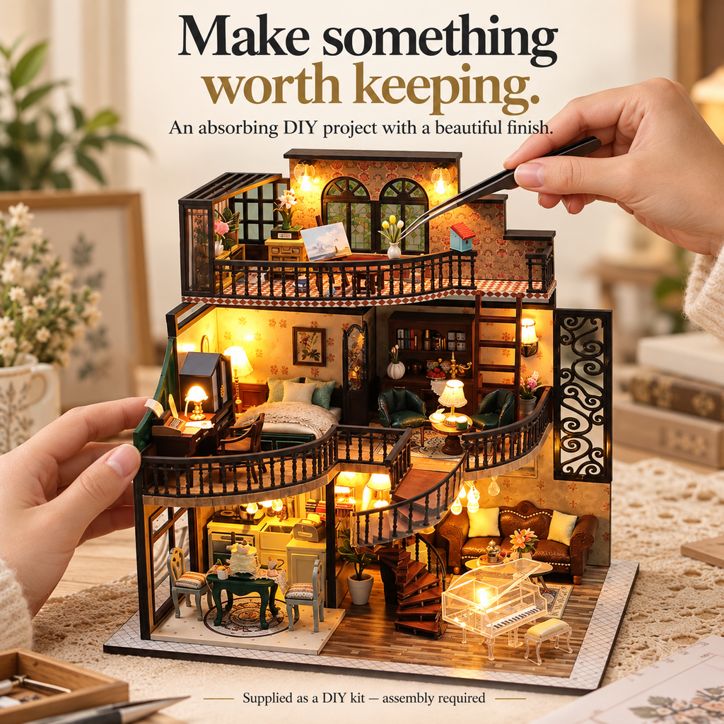 Vintage Manor DIY Miniature House Kit — Furniture & Warm Lighting