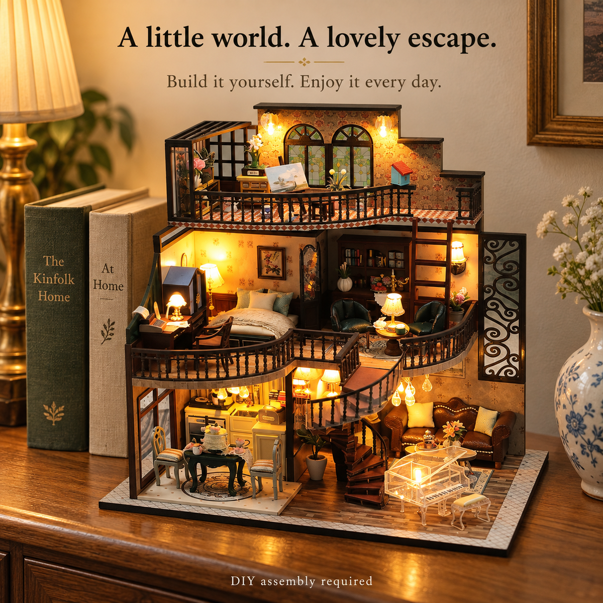 Vintage Manor DIY Miniature House Kit — Furniture & Warm Lighting