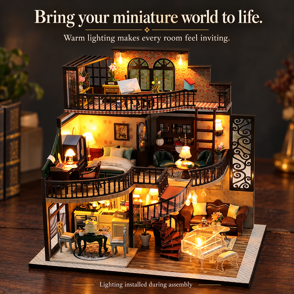 Vintage Manor DIY Miniature House Kit — Furniture & Warm Lighting