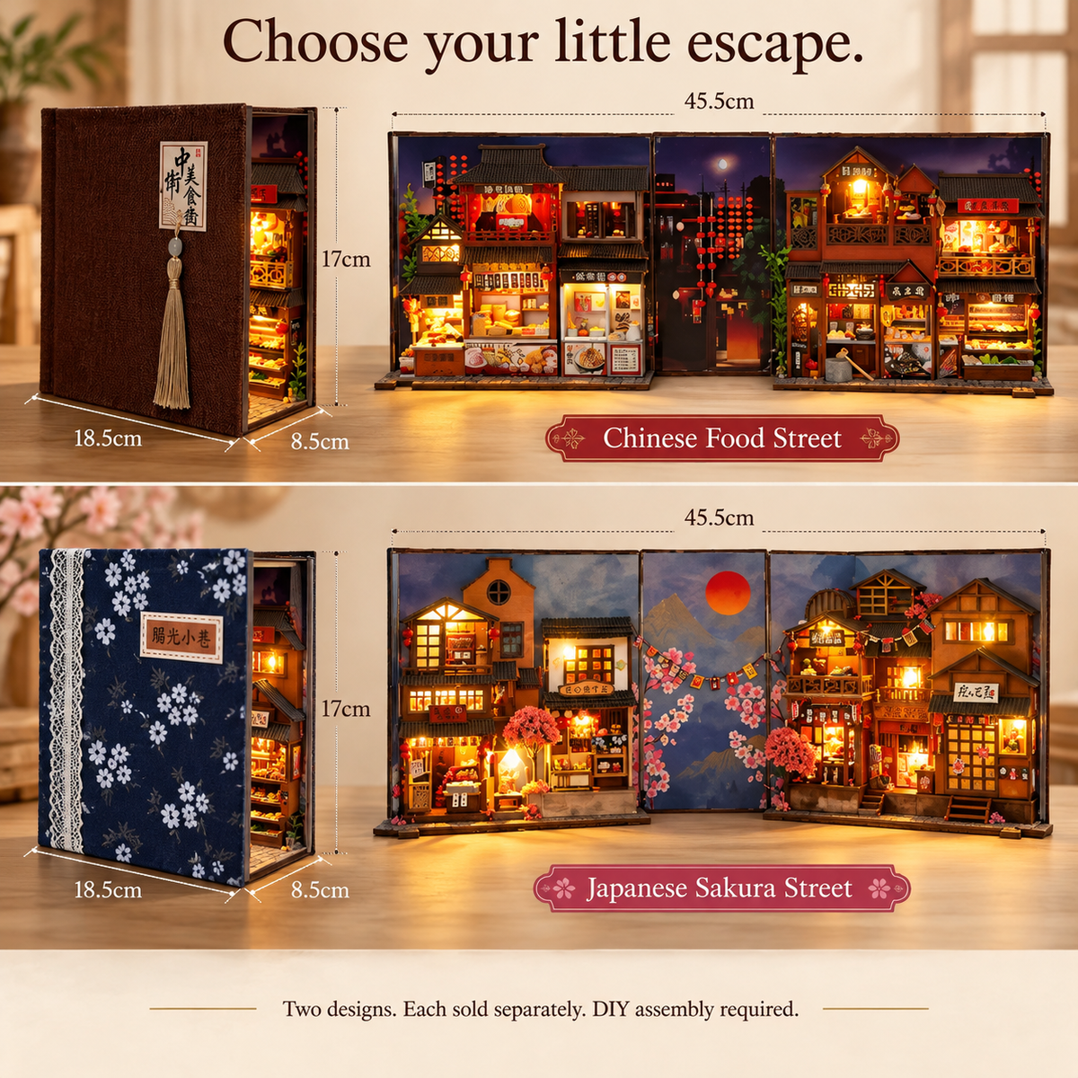 DIY Folding Book Nook Kit with Lights — Chinese Food Street / Japanese Sakura Street