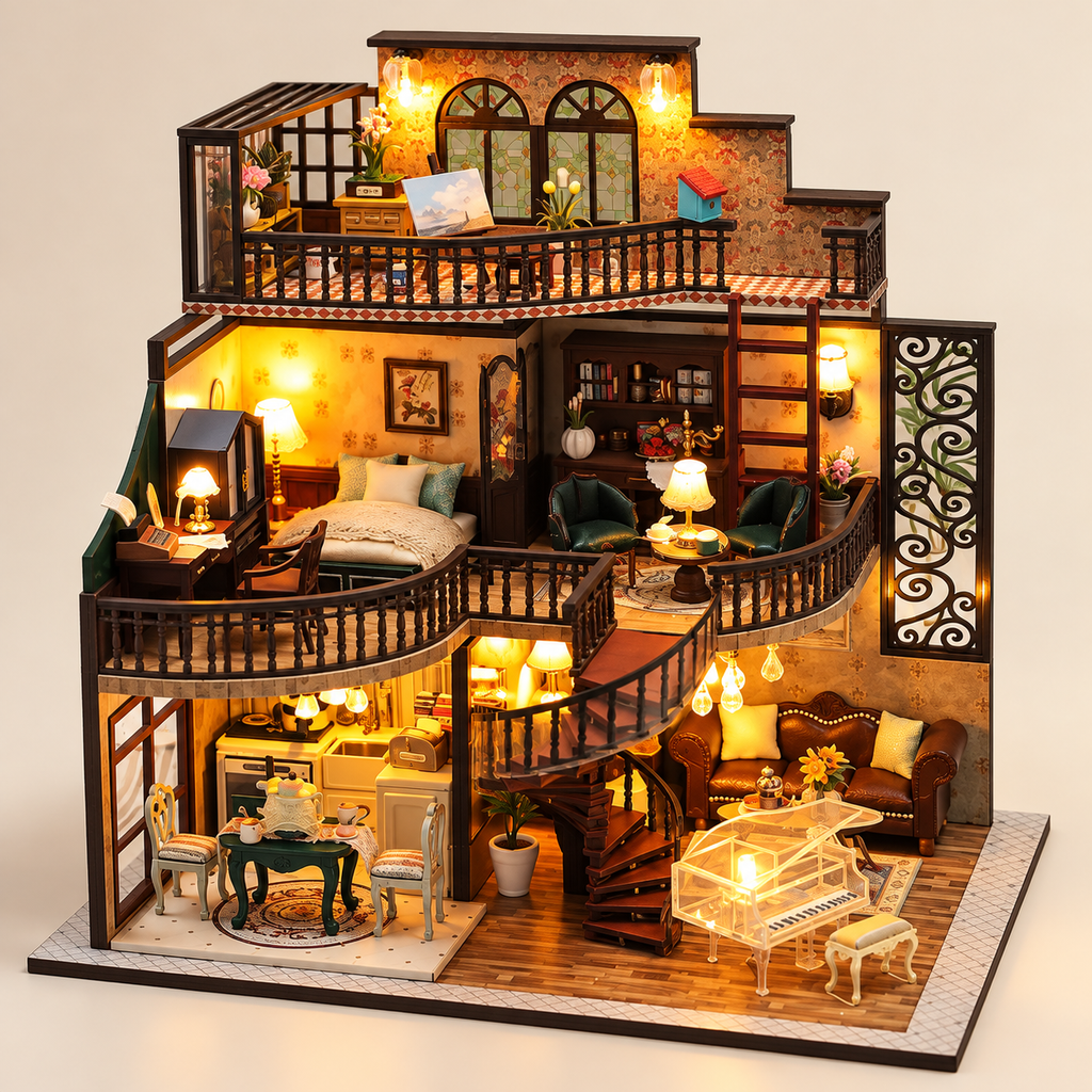 Vintage Manor DIY Miniature House Kit — Furniture & Warm Lighting