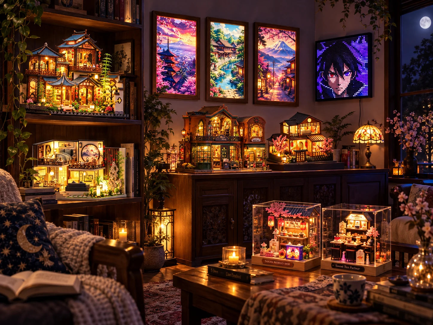 Miniature fantasy worlds and decorative pieces in a warmly lit room